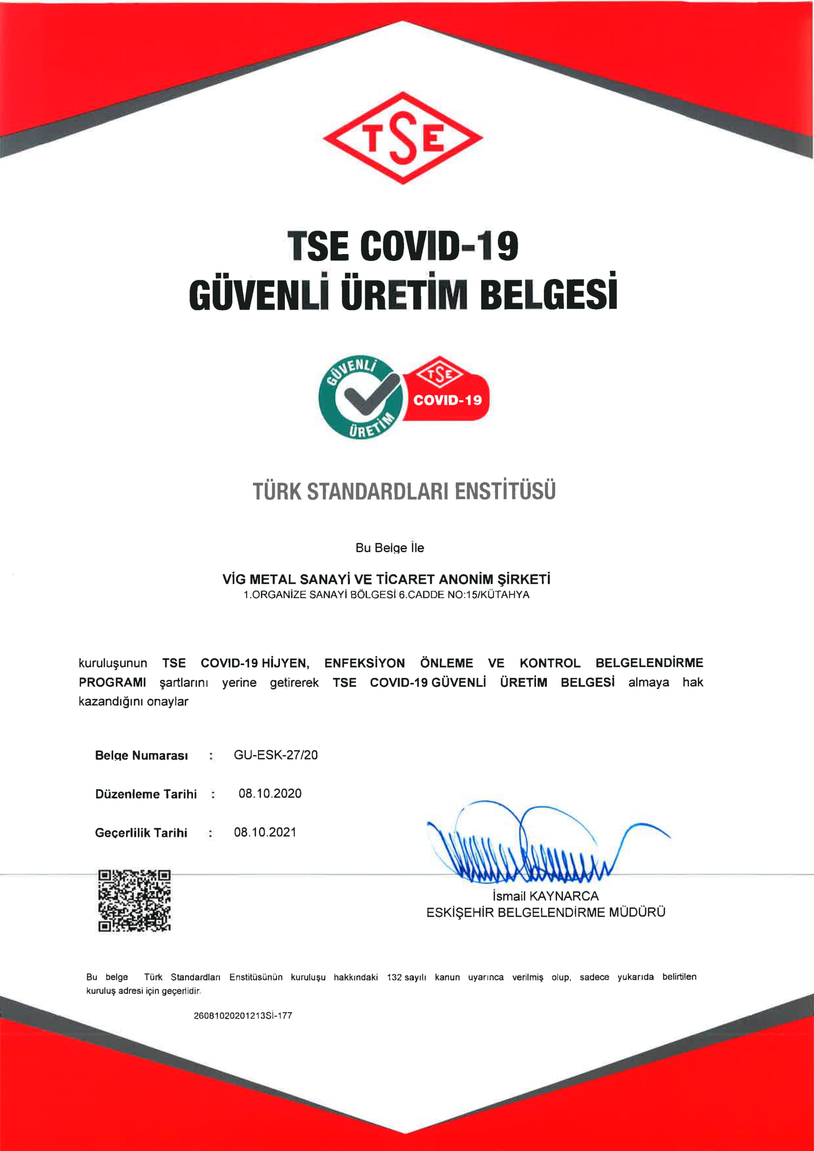 TSE Covid 19 Sertifikası