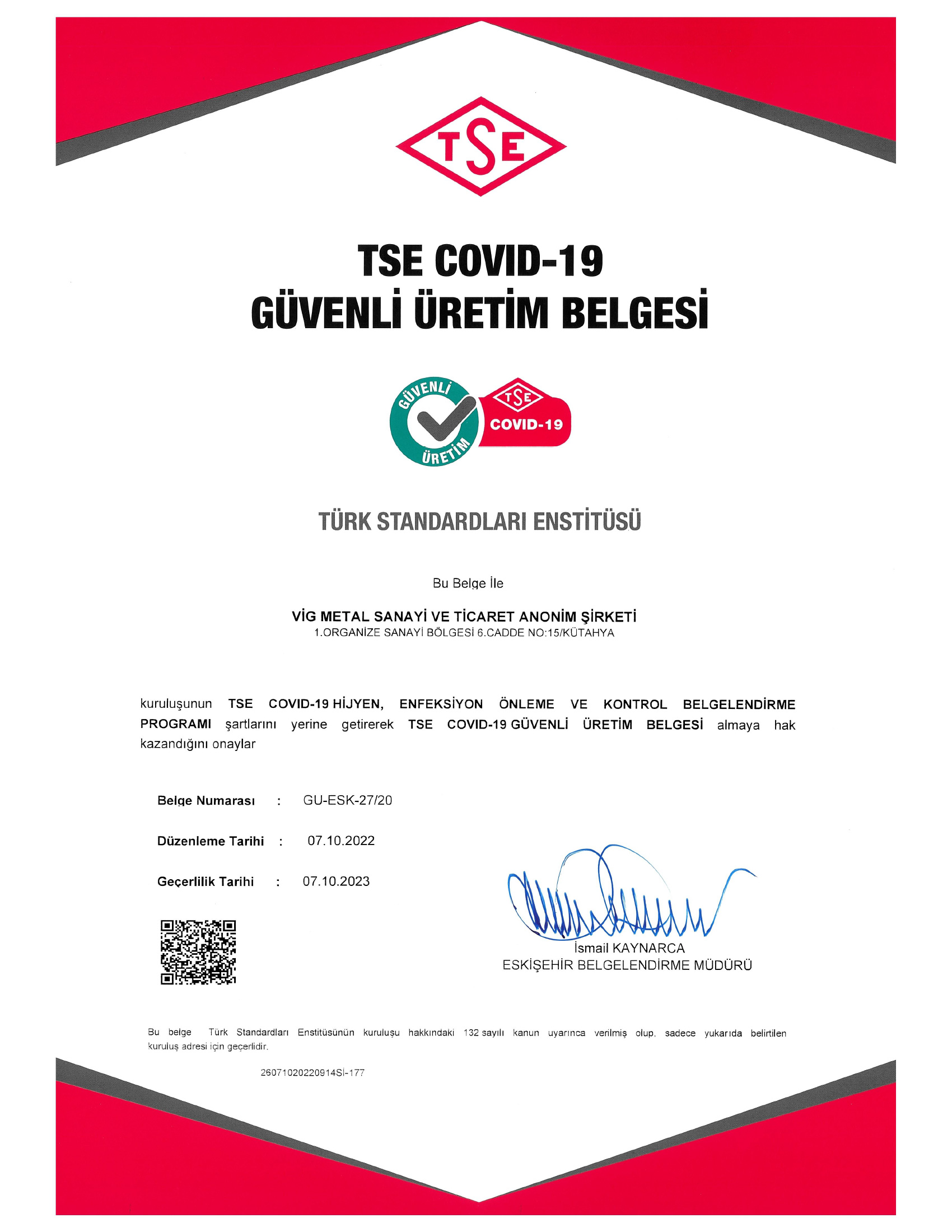 TSE Covid 19 Sertifikası